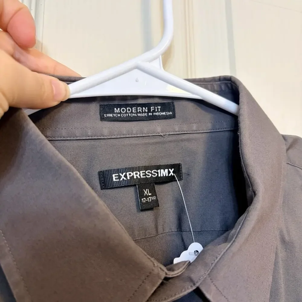 Express Modern Fit XL 17-17.5 Gray Stretch Cotton Button Front Dress Shirt